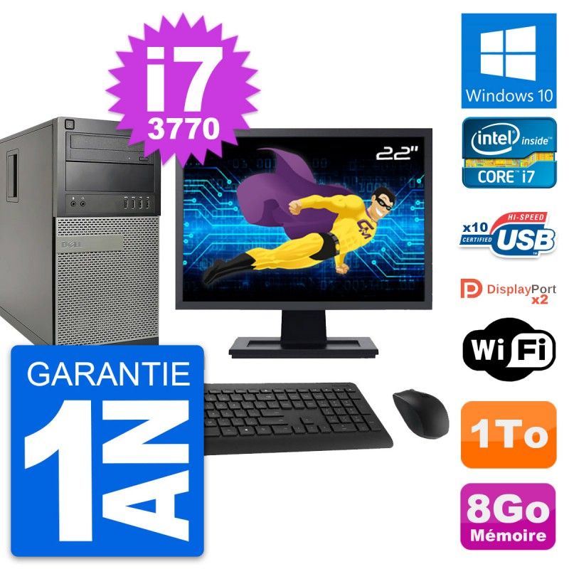Ordinateur de bureau Dell OptiPlex 9010 - Écran 22'', Intel i7-3770, 8 Go RAM, 1 To HDD, Windows 10, WiFi
