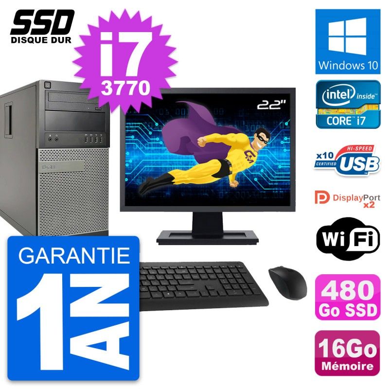 Dell OptiPlex 9010 Tower PC - 22" Screen, Intel i7-3770, 16GB RAM, 480GB SSD, Windows 10, WiFi
