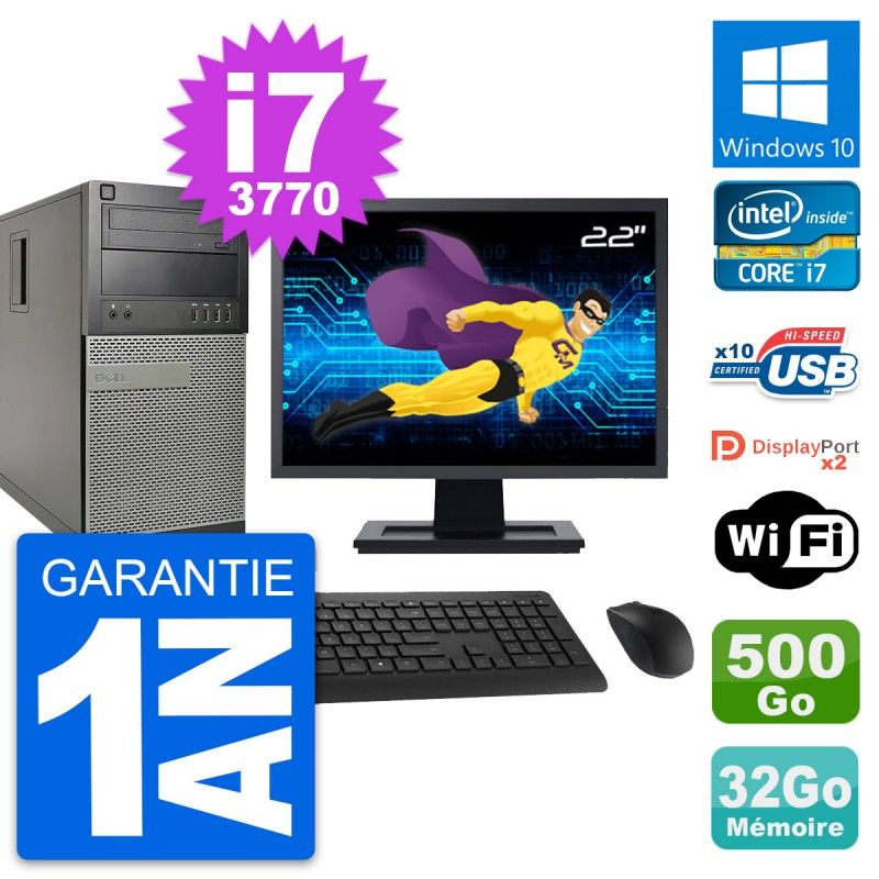 Tour Dell OptiPlex 9010 - Écran 22'', Intel i7-3770, 32 Go RAM, 500 Go SSD, Windows 10, Wifi
