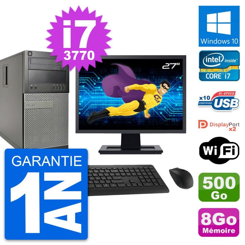 Dell OptiPlex 9010 Desktop Computer, 27" Screen, Intel i7-3770, 8GB RAM, 500GB Hard Drive, Windows 10, Wi-Fi
