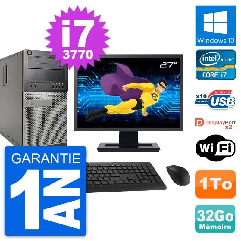 Dell OptiPlex 9010 Desktop PC - 27" Screen, Intel i7-3770, 32GB RAM, 1TB HDD, Windows 10, WiFi