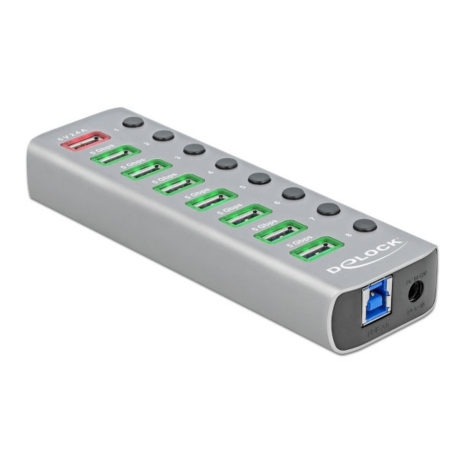 DeLock 9-port USB 3.0 hub with 1 dedicated USB-A charging port (5V 2.4A) and 1 USB-C PD 3.0 port