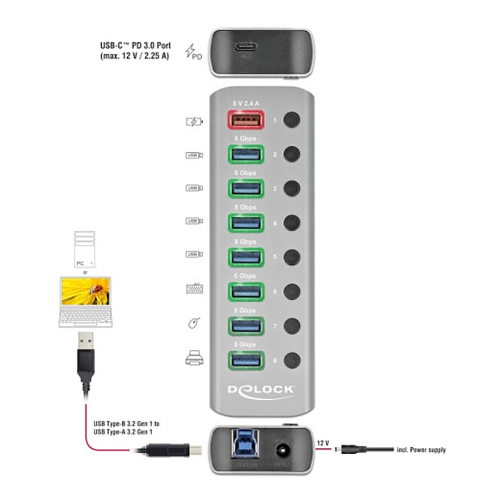 DeLock 9-port USB 3.0 hub with 1 dedicated USB-A charging port (5V 2.4A) and 1 USB-C PD 3.0 port