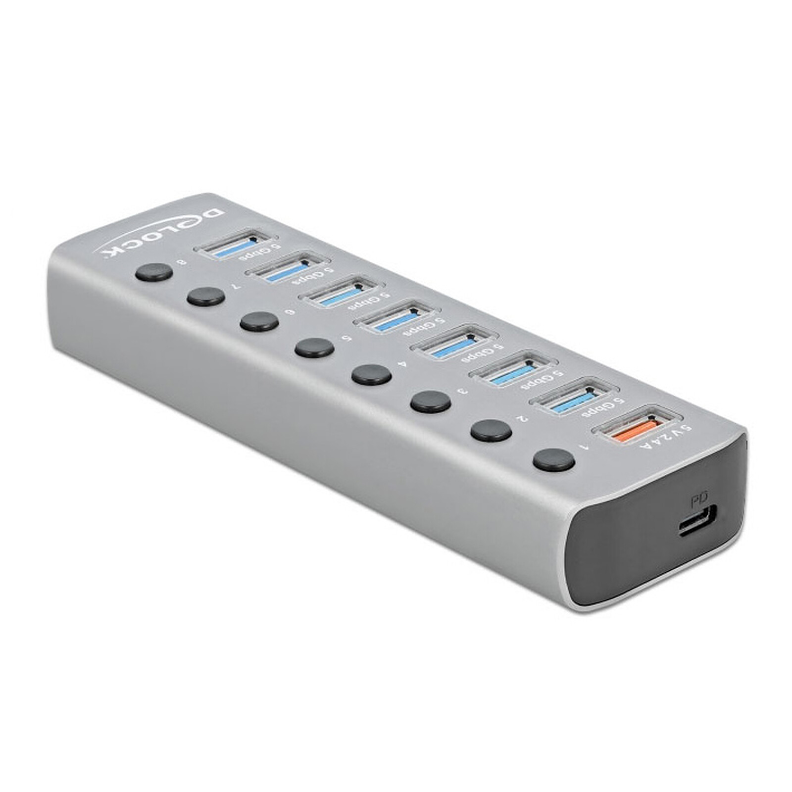 DeLock 9-port USB 3.0 hub with 1 dedicated USB-A charging port (5V 2.4A) and 1 USB-C PD 3.0 port