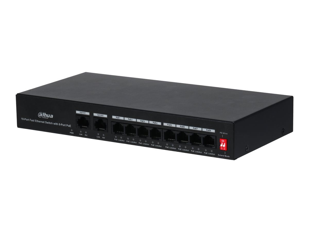 Dahua PFS3010-8ET-65 Switch - 8 x 10/100Base-TX (PoE) + 2 x 10/100Base-TX (Uplink) - Desktop - PoE (65W)