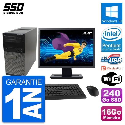 Computadora de escritorio Dell OptiPlex 990 - Pantalla de 22", Procesador Intel Pentium G630, 16 GB de RAM, 240 GB SSD, Windows 10