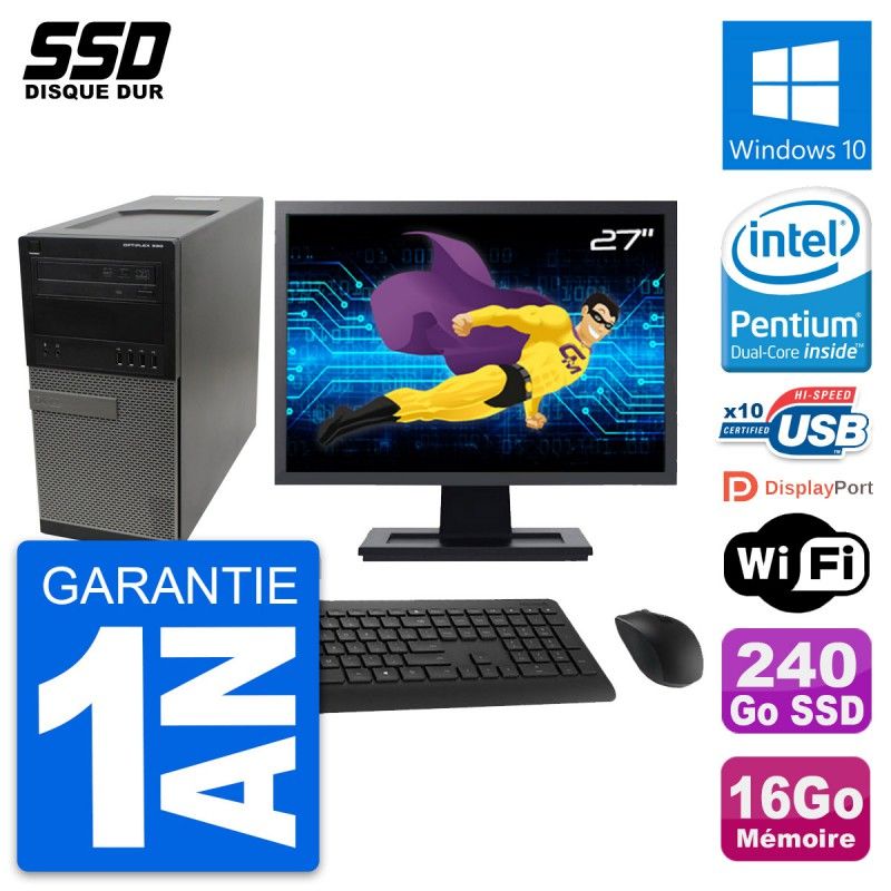 Dell OptiPlex 990 Desktop Computer, 27" Screen, Intel G630, 16GB RAM, 240GB SSD, Windows 10