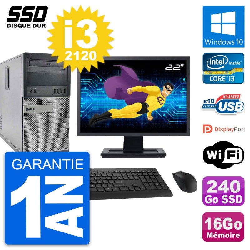 Dell OptiPlex 990 Desktop PC - 22" Screen, Intel Core i3-2120, 16GB RAM, 240GB SSD, Windows 10, WiFi