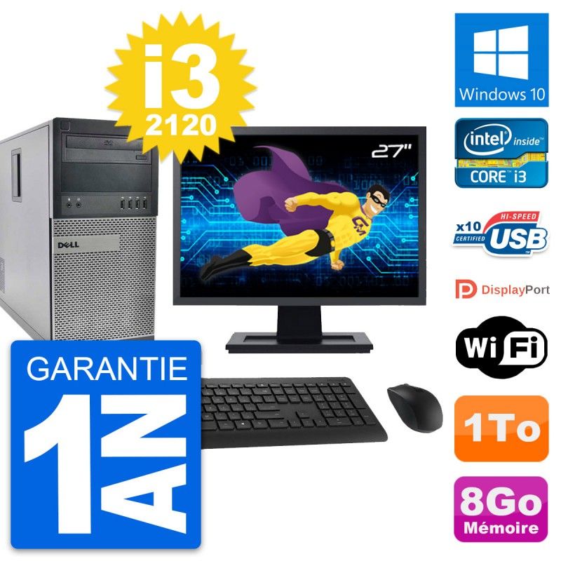 Ordinateur de bureau Dell OptiPlex 990, écran 27'', processeur Intel Core i3-2120, 8 Go de RAM, 1 To de stockage, Windows 10, Wi-Fi