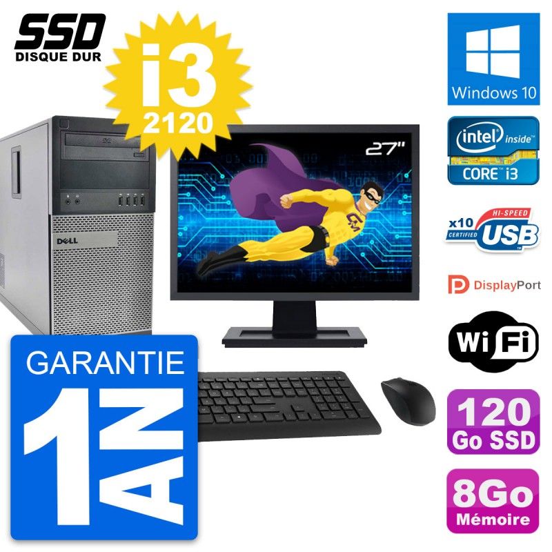Dell OptiPlex 990 Desktop Computer, 27" Screen, i3-2120, 8GB RAM, 120GB SSD, Windows 10, WiFi