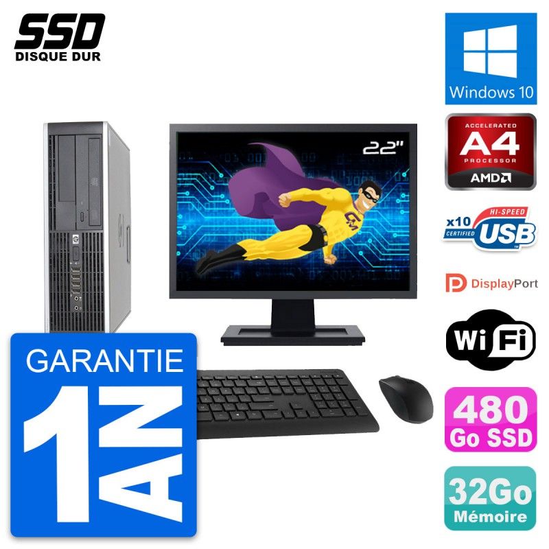 HP 6305 Pro SFF Desktop PC - 22" Screen, AMD A4-5300B, 32GB RAM, 480GB SSD, Windows 10, WiFi