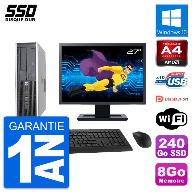 HP 6305 Pro SFF Desktop Computer, 27" Screen, AMD A4-5300B, 8GB RAM, 240GB SSD, Windows 10, WiFi
