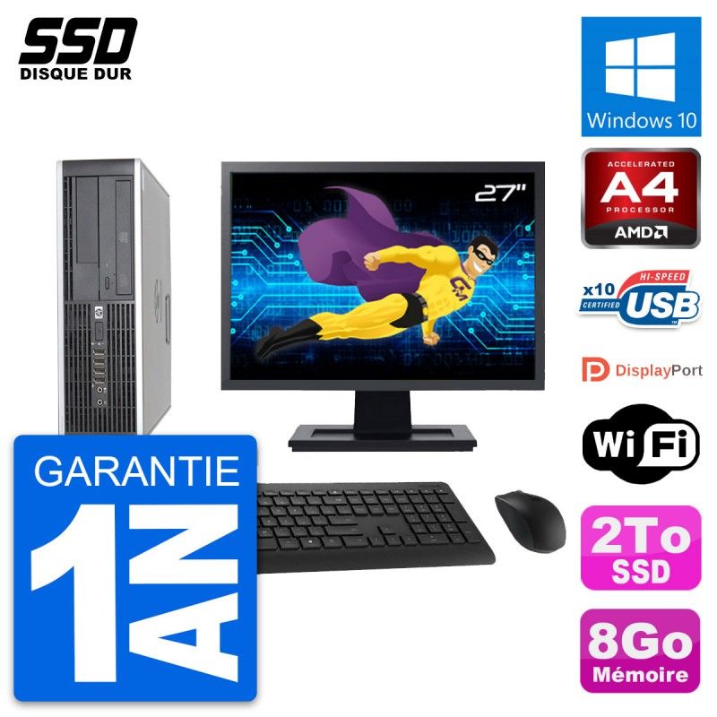 HP 6305 Pro SFF PC - 27" Display, AMD A4-5300B, 8GB RAM, 2TB SSD, Windows 10, Wi-Fi