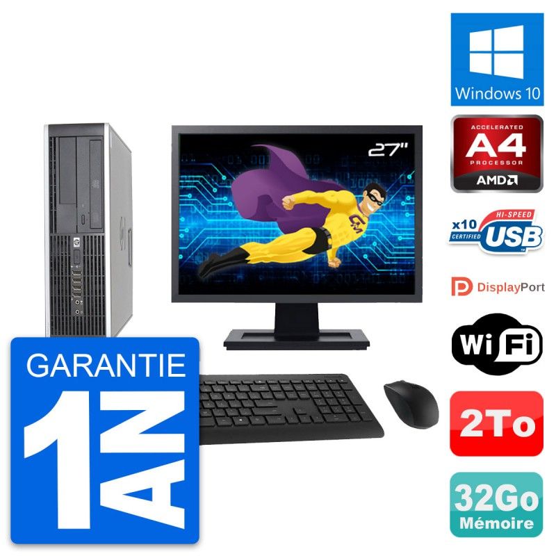 HP 6305 Pro SFF Desktop Computer, 27" Screen, AMD A4-5300B, 32GB RAM, 2TB Storage, Windows 10, WiFi
