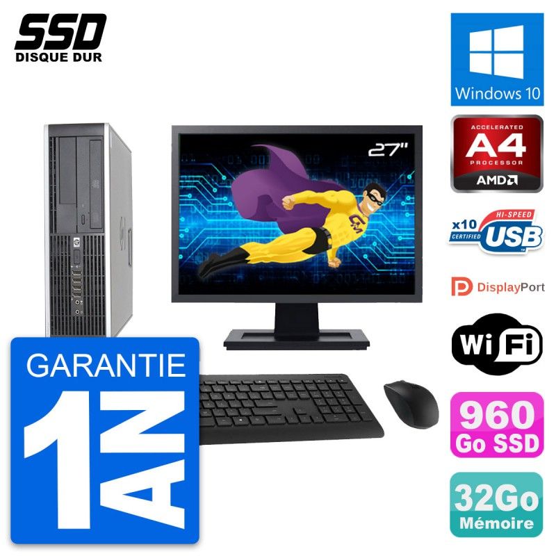 HP 6305 Pro SFF Computer - 27" Screen, AMD A4-5300B, 32GB RAM, 960GB SSD, Windows 10, WiFi