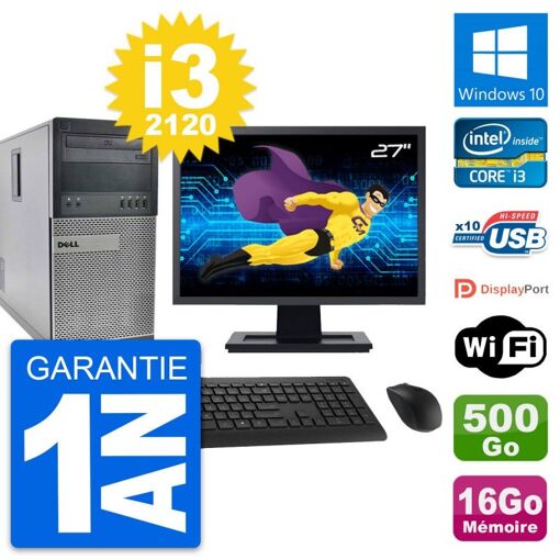 PC de escritorio Dell OptiPlex 990 - Pantalla de 27", Procesador Intel i3-2120, 16 GB de RAM, 500 GB HDD, Windows 10, WiFi
