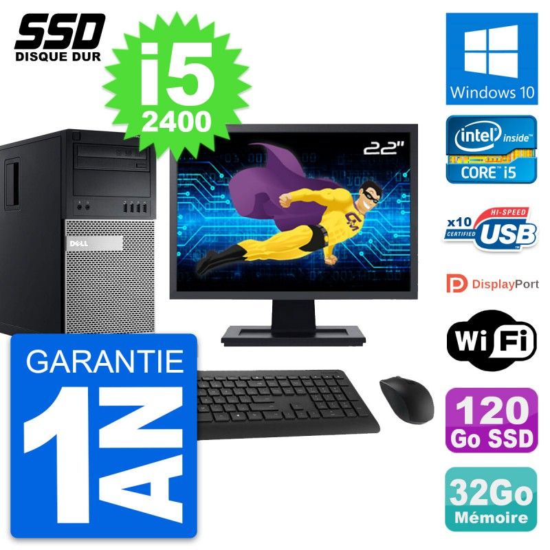 Dell OptiPlex 990 Desktop Computer, 22" Screen, Intel Core i5-2400, 32GB RAM, 120GB SSD, Windows 10, WiFi
