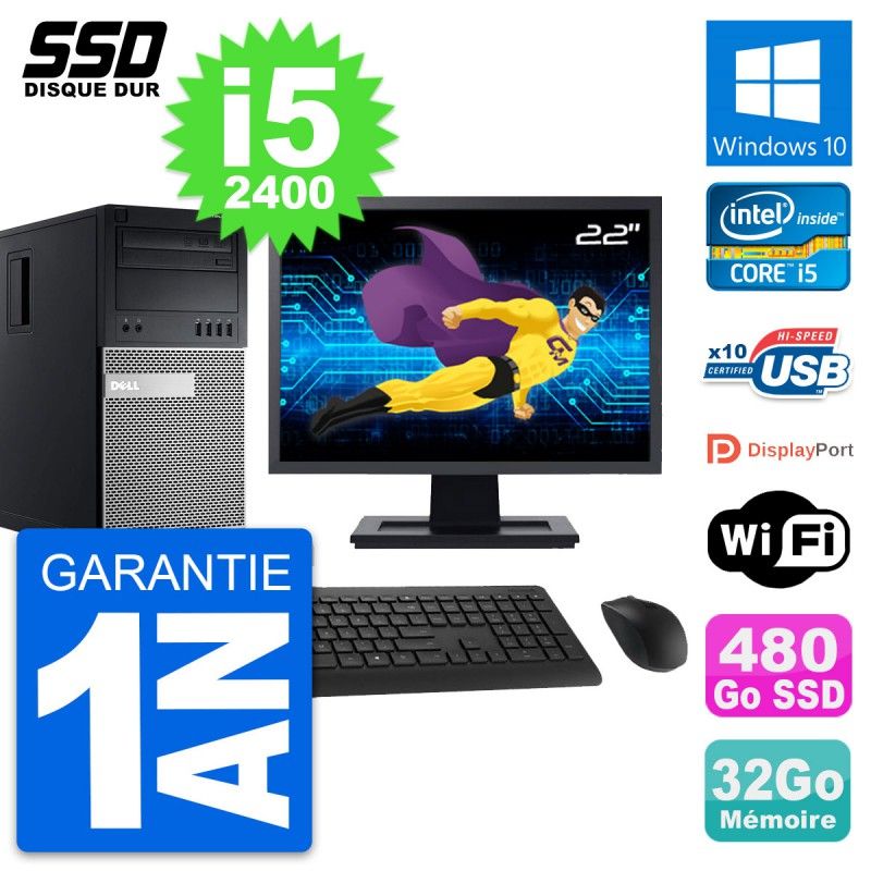 Dell OptiPlex 990 Desktop Computer, 22" Screen, Intel Core i5-2400, 32GB RAM, 480GB SSD, Windows 10, WiFi