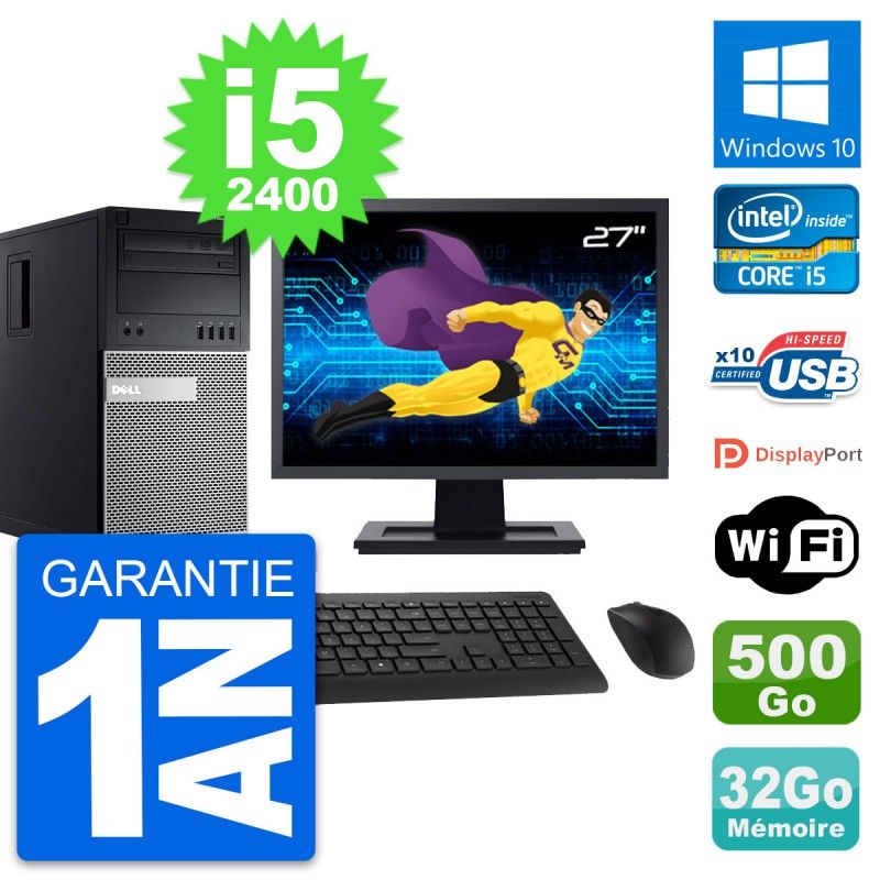 Dell OptiPlex 990 Desktop PC - 27" Screen, Intel i5-2400, 32GB RAM, 500GB HDD, Windows 10, WiFi