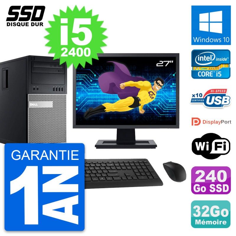 Dell OptiPlex 990 PC Tower - 27" Screen, Intel Core i5-2400, 32GB RAM, 240GB SSD, Windows 10, WiFi