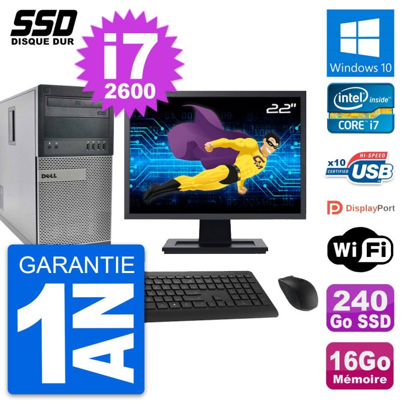 Dell OptiPlex 990 Desktop Computer, 22" Screen, Intel Core i7-2600, 16GB RAM, 240GB SSD, Windows 10, WiFi