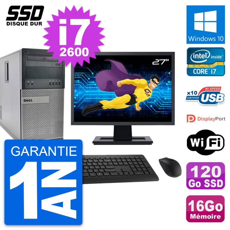 Dell OptiPlex 990 PC Tower, 27" Screen, Intel Core i7-2600, 16GB RAM, 120GB SSD, Windows 10, WiFi