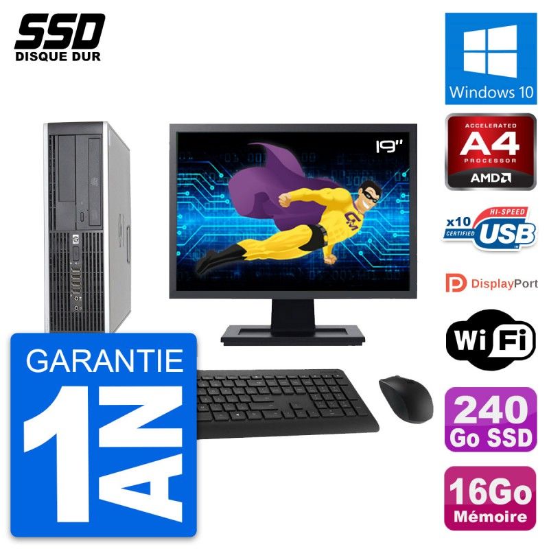HP 6305 Pro SFF Desktop Computer, 19" Screen, AMD A4-5300B, 16GB RAM, 240GB SSD, Windows 10, Wi-Fi