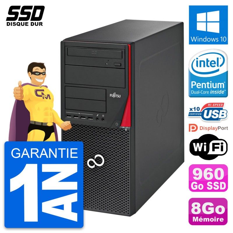 Tour Fujitsu Esprimo P720 - Processeur Intel Pentium Dual-Core G3220, 8 Go de RAM, 960 Go SSD, Windows 10, Wi-Fi