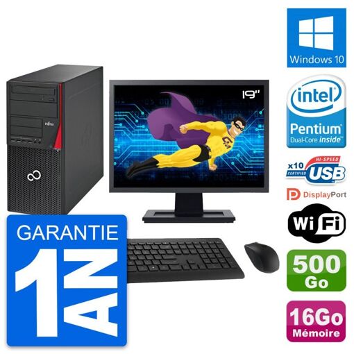 PC de torre Fujitsu P720 - Pantalla de 19 pulgadas, Intel G3220, 16 GB de RAM, 500 GB HDD, Windows 10, WiFi