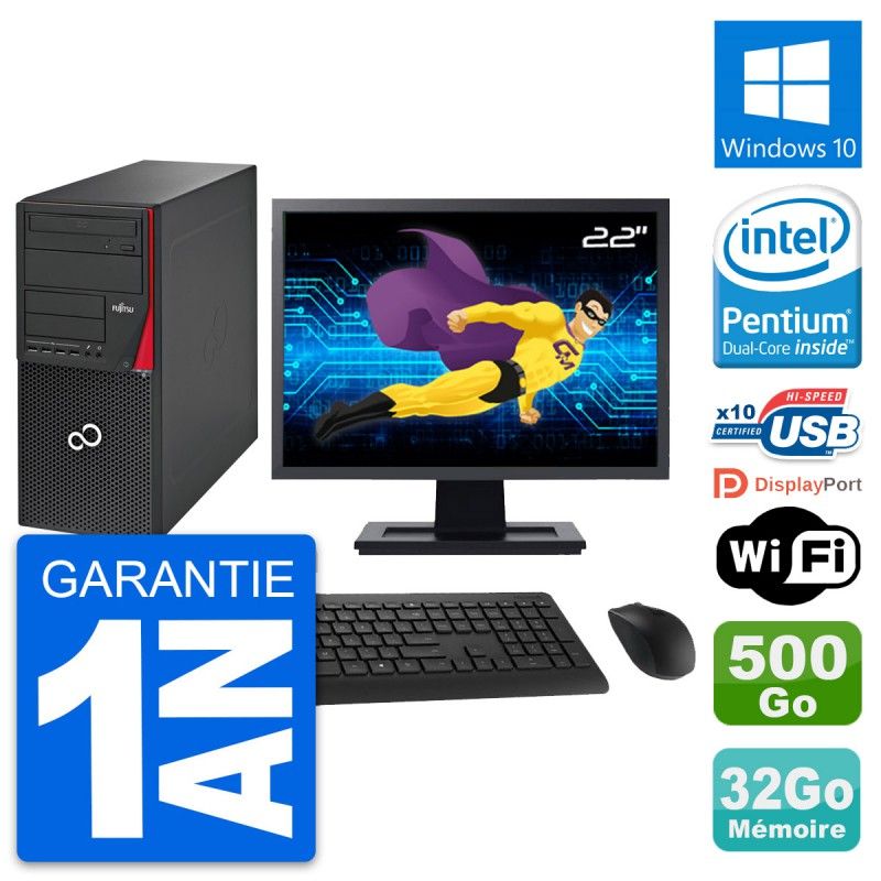 Fujitsu P720 22-inch PC Tower - Intel G3220, 32GB RAM, 500GB Disk, Windows 10, WiFi