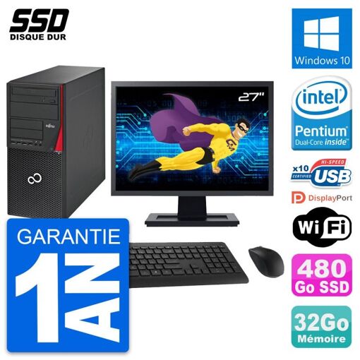 PC de sobremesa Fujitsu P720 - Pantalla de 27", Procesador Intel G3220, 32 GB de RAM, 480 GB SSD, Windows 10, WiFi