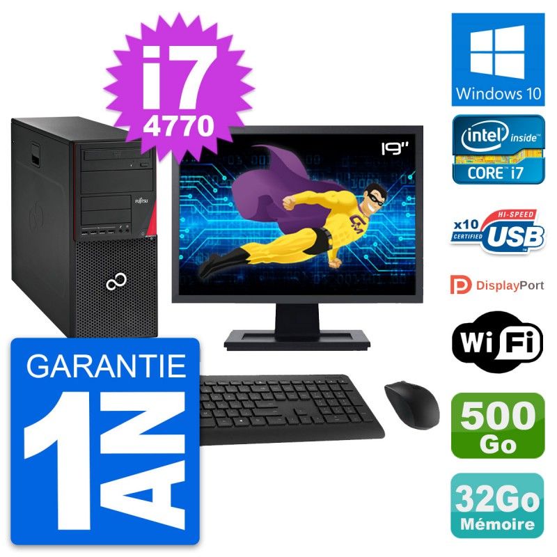 Fujitsu P720 19-inch PC Tower - i7-4770, 32GB RAM, 500GB HDD, Windows 10, WiFi