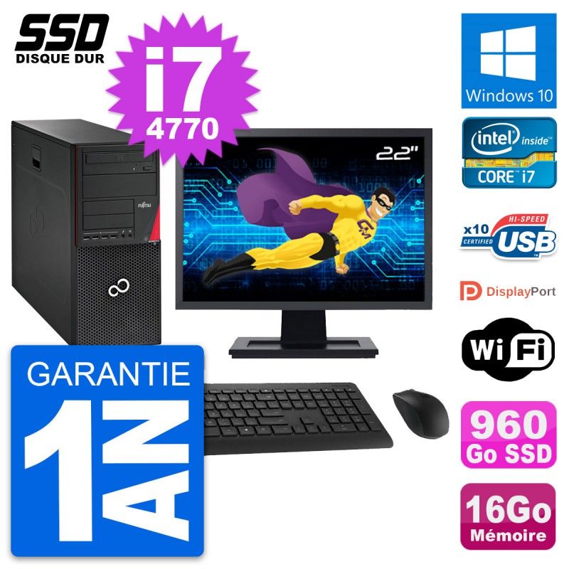 Fujitsu P720 22-inch PC Tower - Intel i7-4770, 16GB RAM, 960GB SSD, Windows 10, WiFi