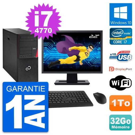PC de torre Fujitsu P720 - Pantalla de 22', i7-4770, 32GB RAM, 1TB HDD, Windows 10