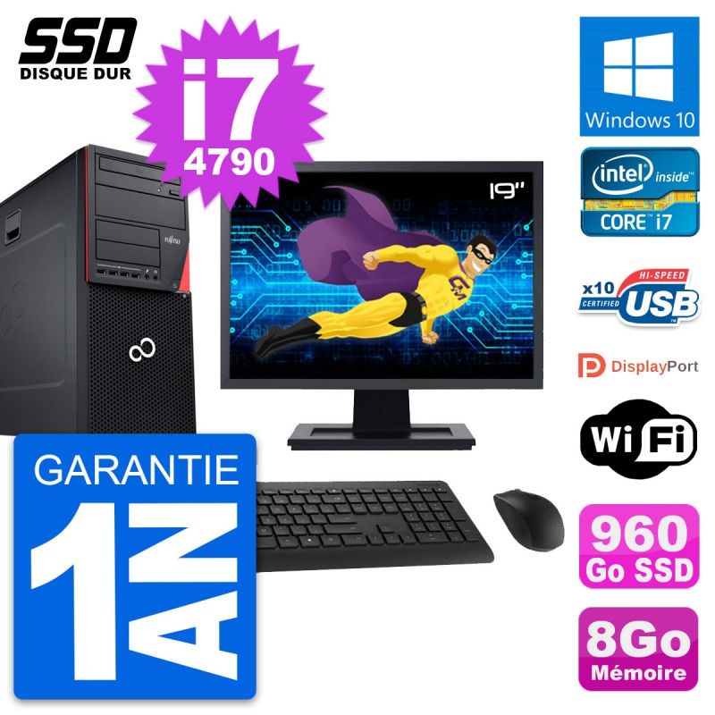 Fujitsu P720 19-inch PC Tower - Intel i7-4790, 8GB RAM, 960GB SSD, Windows 10, WiFi