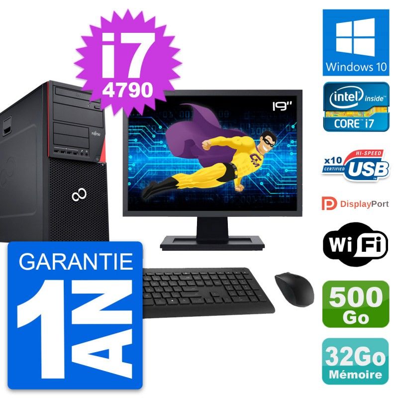 Tour PC Fujitsu P720 - 19 pouces, i7-4790, 32 Go de RAM, 500 Go de disque, Windows 10, Wi-Fi