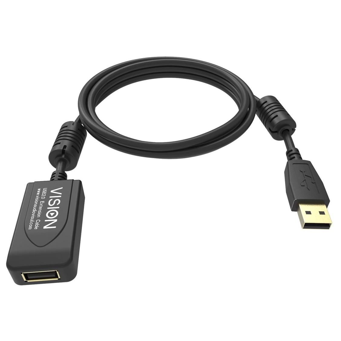 Vision Professional USB Cable Extension - 5m, Active, Gold Plated Connectors, Ferrite Cores, Tressled Shielding