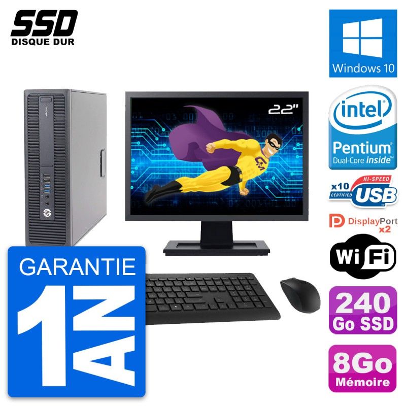 HP ProDesk 600 G2 SFF Desktop Computer, 22" Screen, Intel Pentium G4400, 8GB RAM, 240GB SSD, Windows 10, Wi-Fi