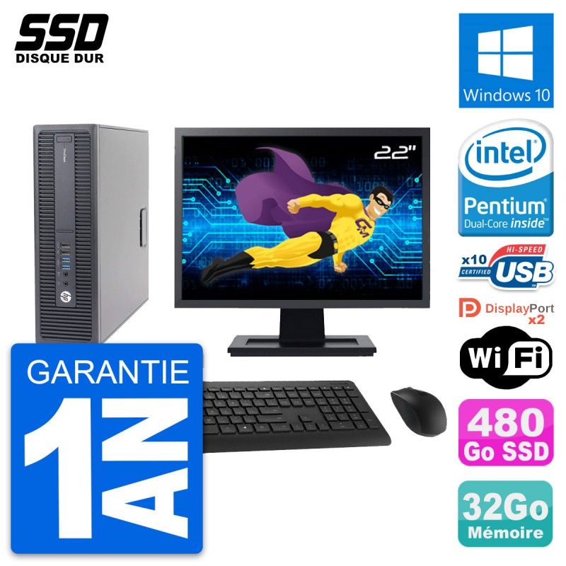 HP ProDesk 600 G2 SFF Computer - 22" Screen, Intel Pentium G4400, 32GB RAM, 480GB SSD, Windows 10, WiFi