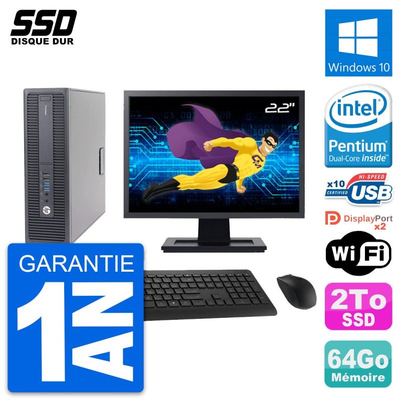 HP ProDesk 600 G2 SFF Computer - 22" Screen, Intel Pentium G4400, 64GB RAM, 2TB SSD, Windows 10, WiFi