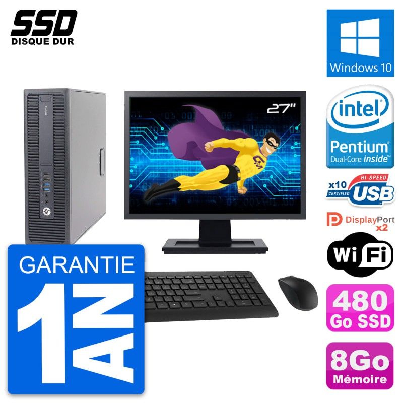 HP ProDesk 600 G2 SFF Desktop PC - 27" Screen, Intel Pentium G4400, 8GB RAM, 480GB SSD, Windows 10, WiFi
