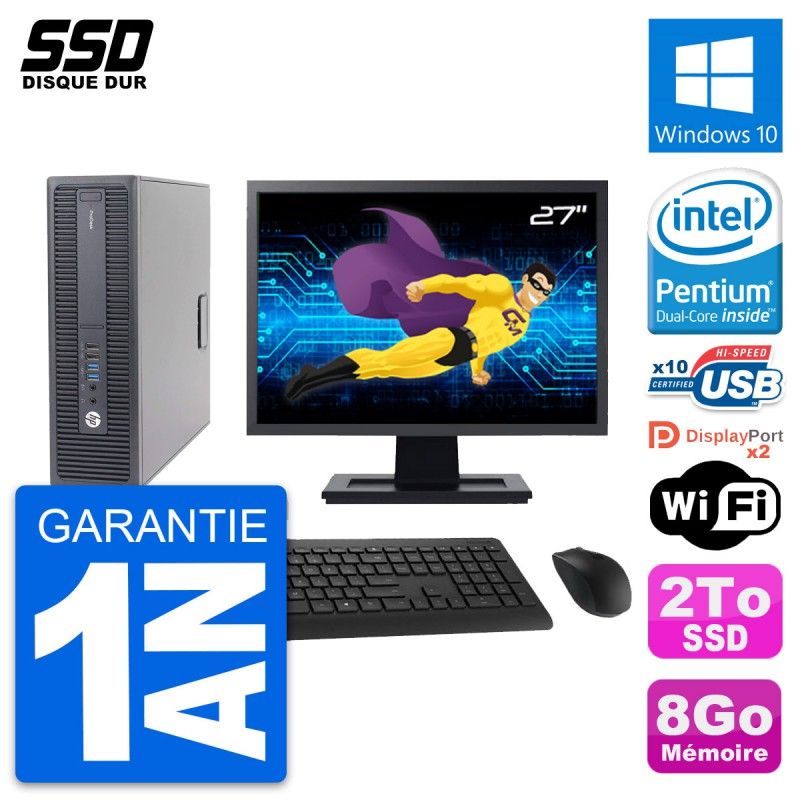 HP ProDesk 600 G2 SFF Desktop Computer - 27" Screen, Intel Pentium G4400, 8GB RAM, 2TB SSD, Windows 10, WiFi