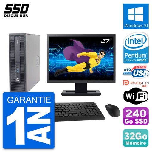 HP ProDesk 600 G2 SFF Desktop Computer, 27" Screen, Intel Pentium G4400, 32GB RAM, 240GB SSD