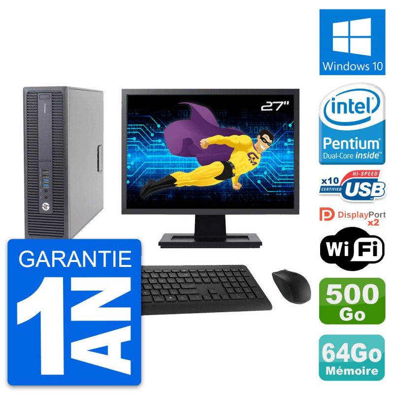 HP ProDesk 600 G2 SFF Computer - 27" Screen, Intel G4400, 64GB RAM, 500GB Hard Drive, Windows 10, WiFi