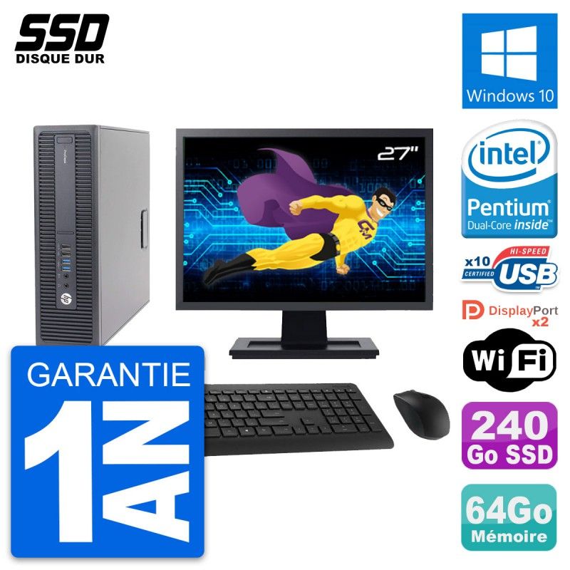 HP ProDesk 600 G2 SFF Computer - 27" Screen, Intel Pentium G4400, 64GB RAM, 240GB SSD, Windows 10, WiFi