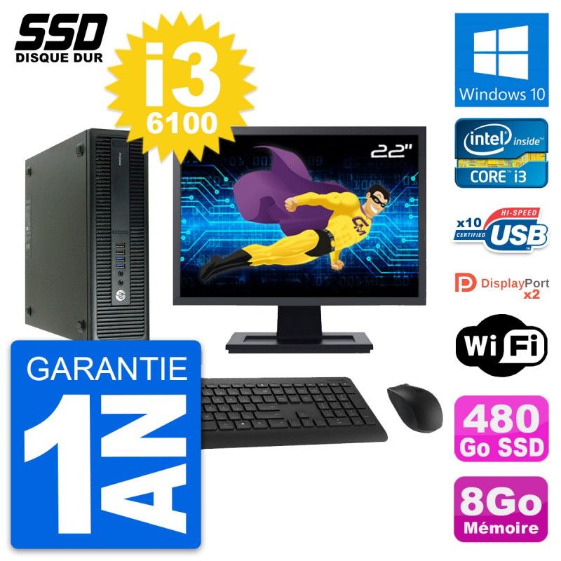 HP ProDesk 600 G2 SFF Computer - 22" Screen, Intel Core i3-6100, 8GB RAM, 480GB SSD, Windows 10, WiFi