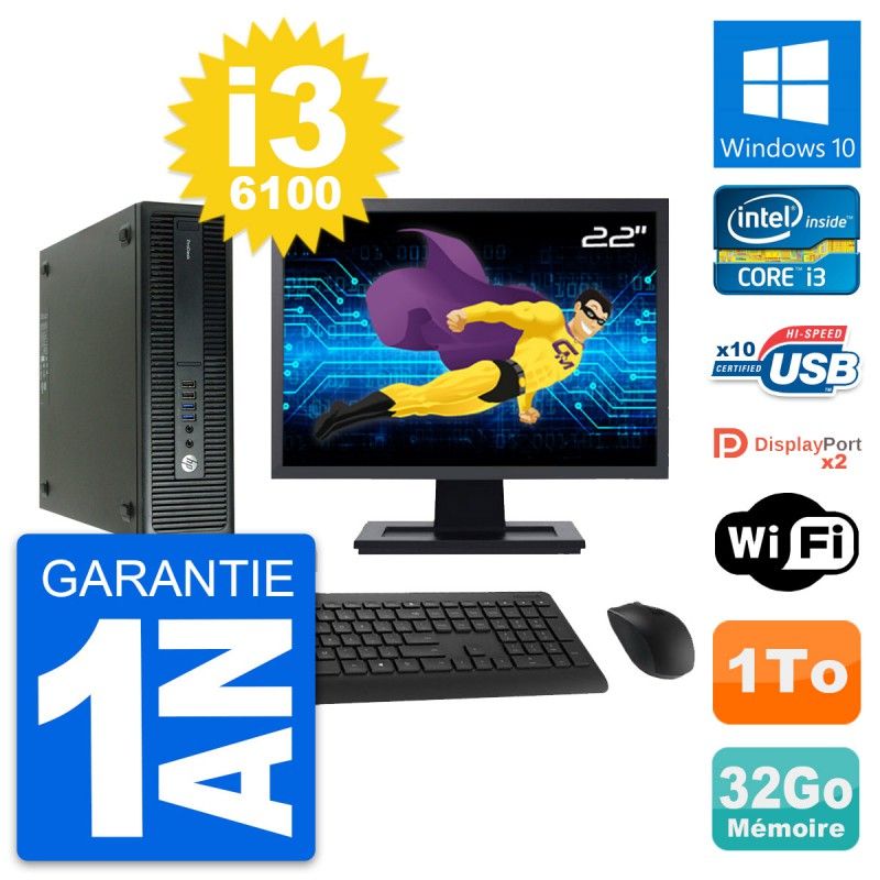 HP ProDesk 600 G2 SFF Computer - 22" Screen, Intel i3-6100, 32GB RAM, 1TB HDD, Windows 10, WiFi