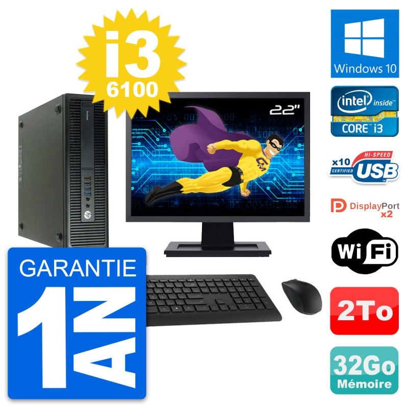 HP ProDesk 600 G2 SFF Computer - 22" Screen, Intel i3-6100, 32GB RAM, 2TB Hard Drive, Windows 10, WiFi