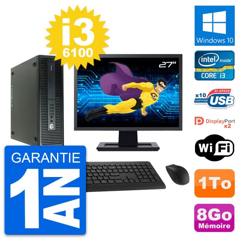 HP ProDesk 600 G2 SFF Desktop Computer - 27" Screen, Intel Core i3-6100, 8GB RAM, 1TB HDD, Windows 10, WiFi