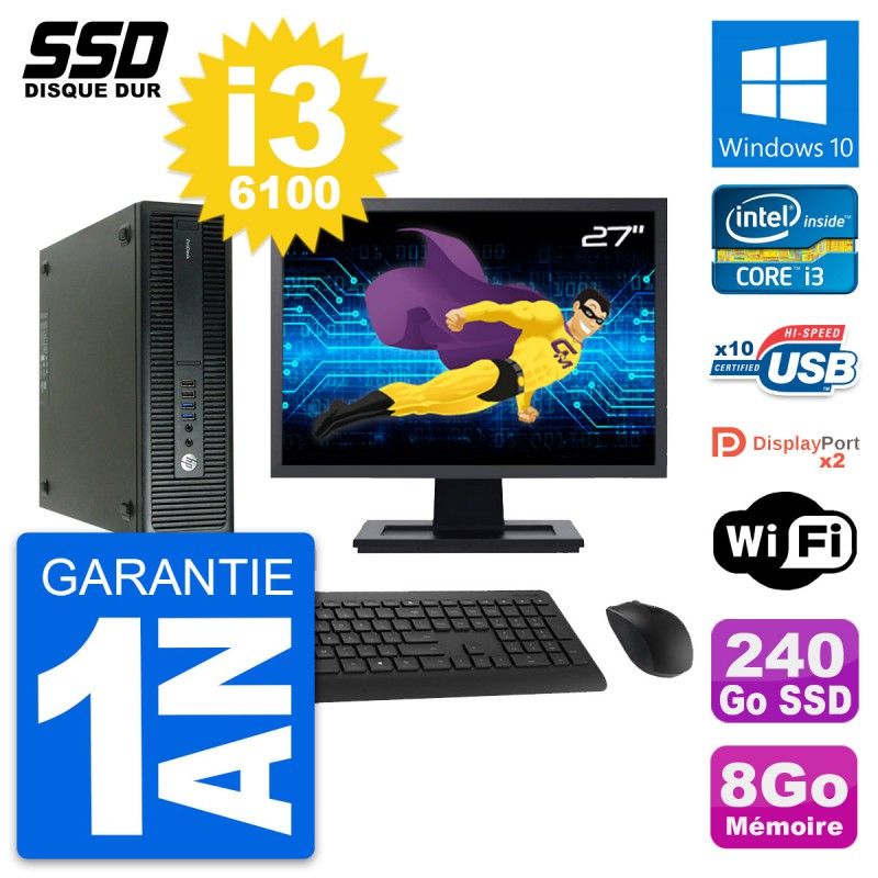 HP ProDesk 600 G2 SFF Computer, 27" Screen, Intel Core i3-6100, 8GB RAM, 240GB SSD